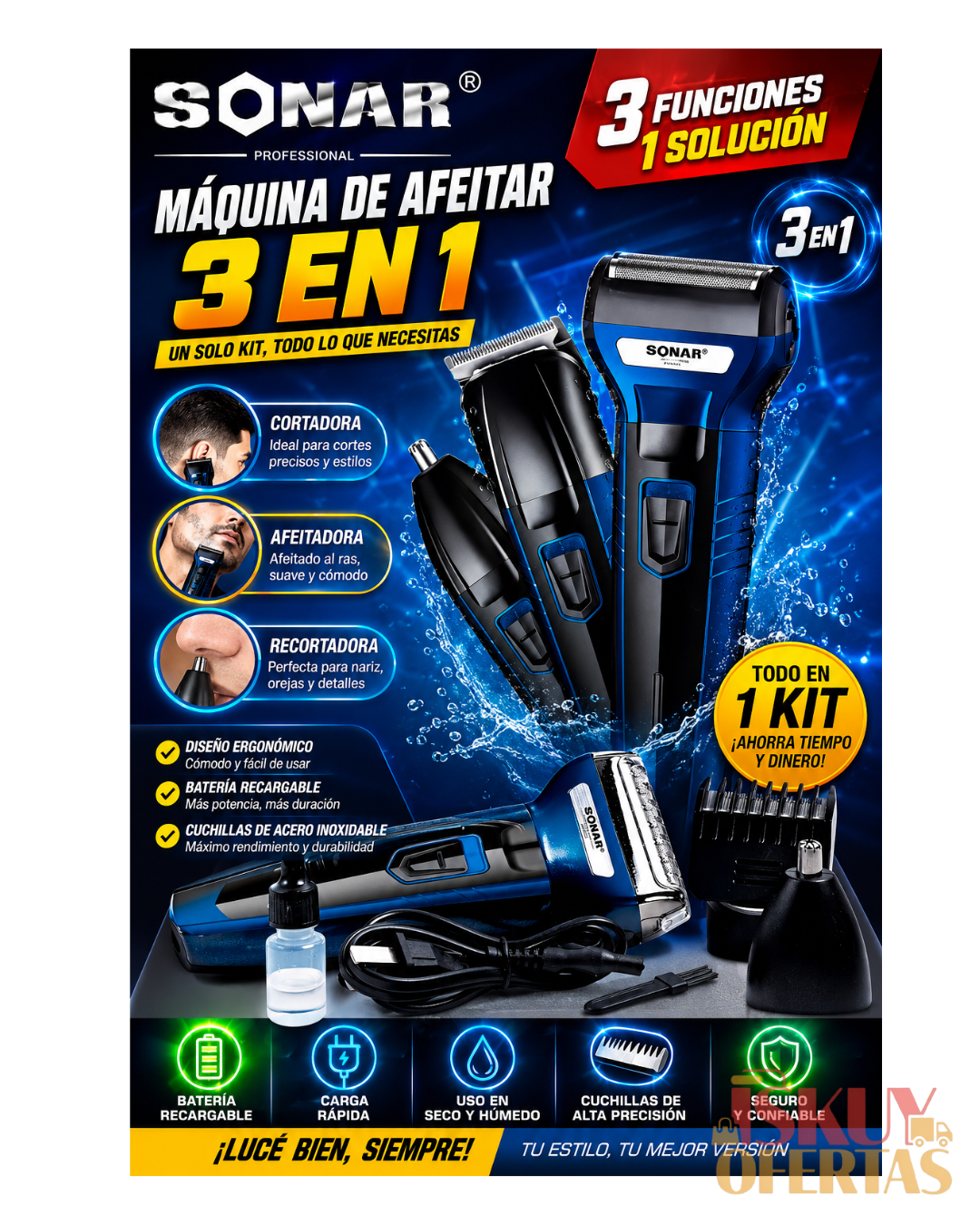 combo de  maquina afeitar 3 en 1 + linterna martillo 4 funciones